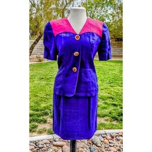 Vintage LIZ CLAIBORNE Linen Pink Purple Short Sleeves Skirt Suit Sz 4 Outfit EUC